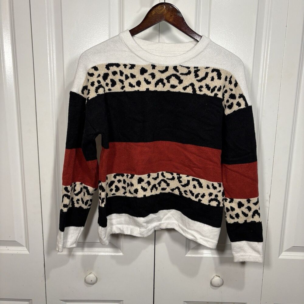 Women’s M Colorblock Leopard Stripe Sweater Knit Boho Cozy Fall Trendy Neutral